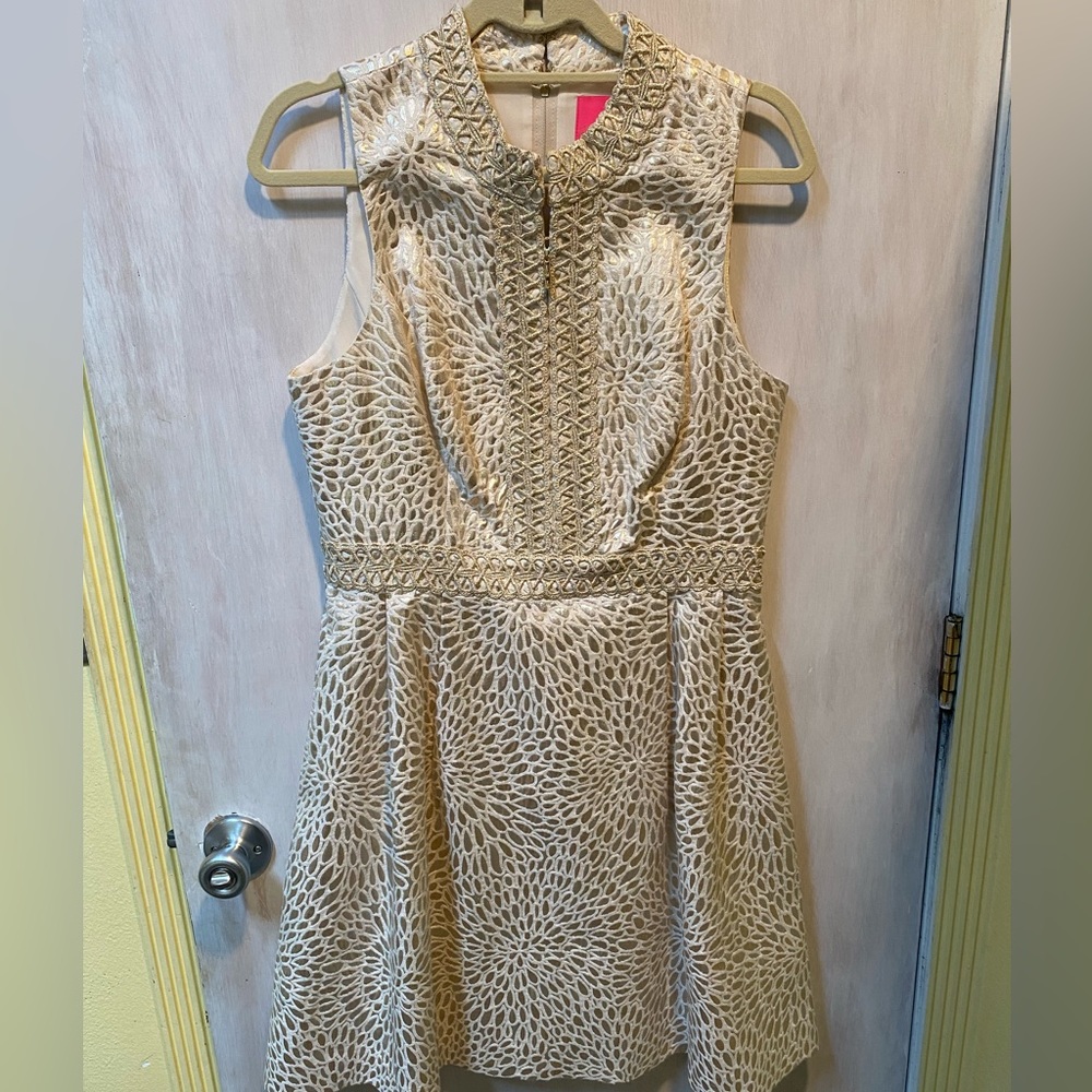 Lilly Pulitzer Franci Dress Lagoon Jacquard Gold Metallic
